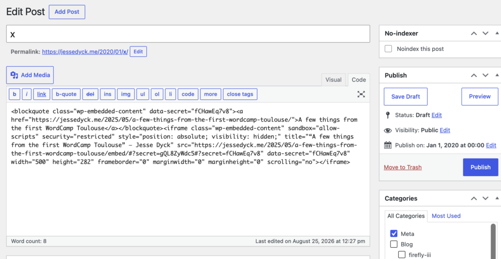 A sample of a post content created post-WP2shell exploit.