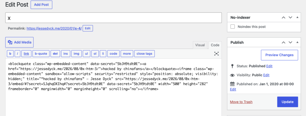 A sample of a post content created post-WP2shell exploit.