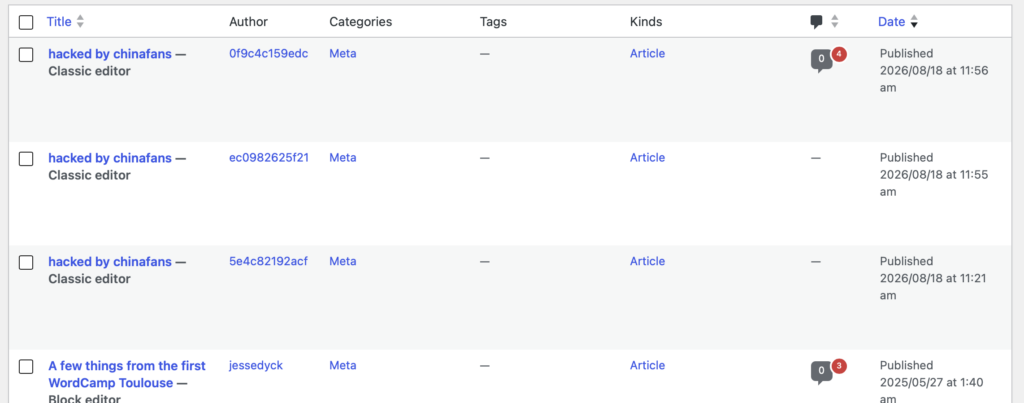 A list of posts created by malicious admin users.